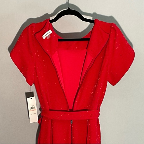 Calvin Klein Sz 10 Vibrant Red Slinky, Sparkly Jumpsuit, Zippered Back, Tie Belt - Picture 10 of 16